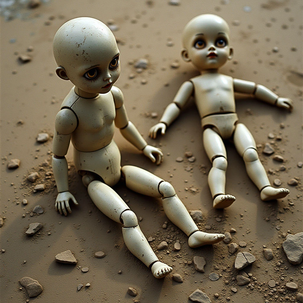 The image features two pale, articulated dolls lying on a textured surface of tan and brown earth littered with small rocks and debris. The dolls have large, staring eyes in shades of yellow and blue, contrasting with their otherwise muted skin tones and slightly dirty appearance. Soft, diffuse light illuminates the scene, casting gentle shadows and highlighting the rounded shapes of the dolls’ limbs against the granular background.