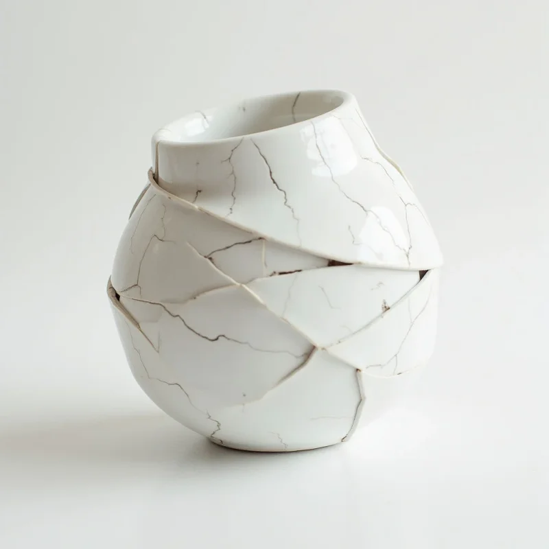The image features a white object with a network of dark grey lines running across its surface, resembling cracked or segmented material. The form is rounded and bulbous, constructed from overlapping petal-like shapes that create both inward and outward curves. Soft, diffused light illuminates the object, casting gentle shadows and highlighting the subtle variations in texture along the fractured planes against a plain white background.