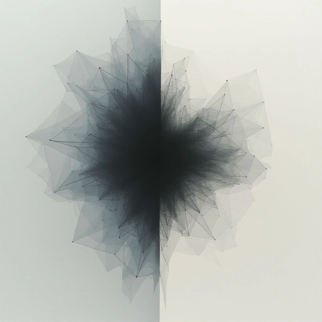 A dark, complex network of lines radiates from a central point, filling the left half of the frame. The right side is lighter and more sparse, with similar lines extending outward but less densely concentrated. A subtle gradient separates the two halves, creating a sense of balance despite their differing intensity.