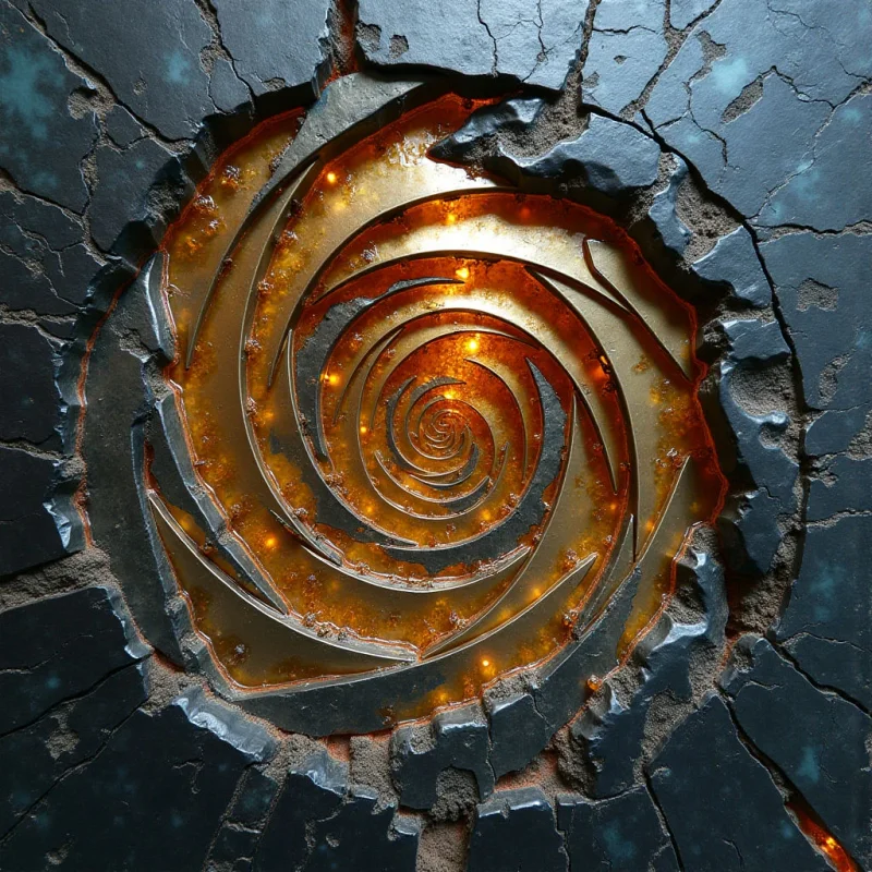 The image features a central spiral form composed of layered, golden metallic tones that emanate from a bright core. This spiral is set within a deeply fractured and dark gray surface with rough, uneven textures resembling stone or cracked earth. Light appears to originate from within the spiral itself, casting subtle highlights on surrounding areas and creating a sense of depth as it recedes into the form.