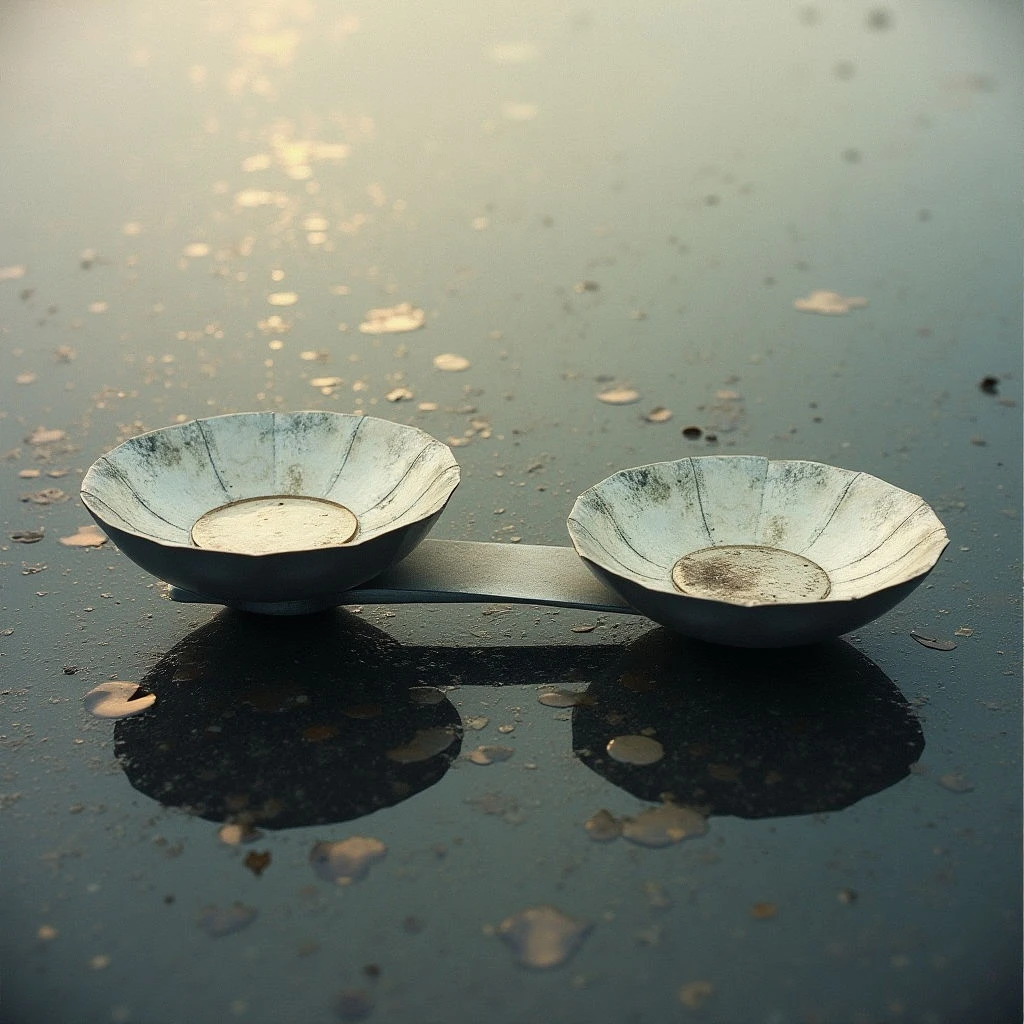 Two shallow, weathered bowls sit side-by-side on a dark, reflective surface scattered with small spots of light. Each bowl contains a pale residue, possibly from burned incense or another substance. The scene is bathed in soft, muted light creating long shadows and a somber atmosphere.