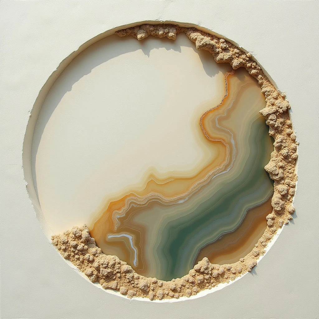 A circular form dominates the image, filled with swirling bands of pale yellow, tan, and muted green hues reminiscent of agate stone. This central shape is surrounded by a rough, textured ring of small, irregularly shaped granules in shades of beige and light brown. Soft, diffused lighting illuminates the composition, creating subtle gradients within both the inner circle and the surrounding texture, while the background appears as a flat, off-white plane.