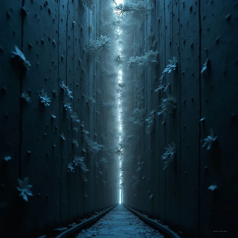 Tall, vertical wooden planks in deep shades of blue and charcoal form two converging walls that create a narrow corridor. Pale, frosted leaves and delicate foliage cling to the textured surfaces, illuminated by a soft, bright light emanating from the distant end of the path. The composition uses strong linear perspective to draw the eye toward a luminous vanishing point at the center of the frame.