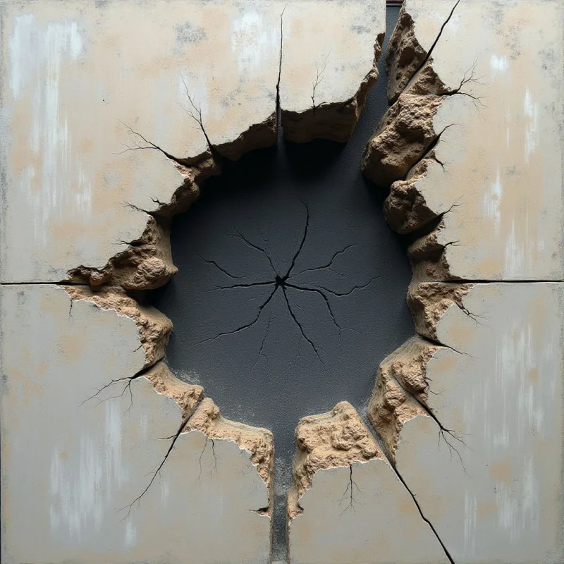 A large, irregular circular void with dark, cracked surfaces sits at the center of a pale beige, tiled wall. Jagged, sandy-textured edges surround the opening, where deep cracks radiate outward across the smooth, matte surface of the tiles. The composition features high contrast between the light-colored exterior and the shadowy interior, creating a sense of depth through sharp shadows and layered textures.