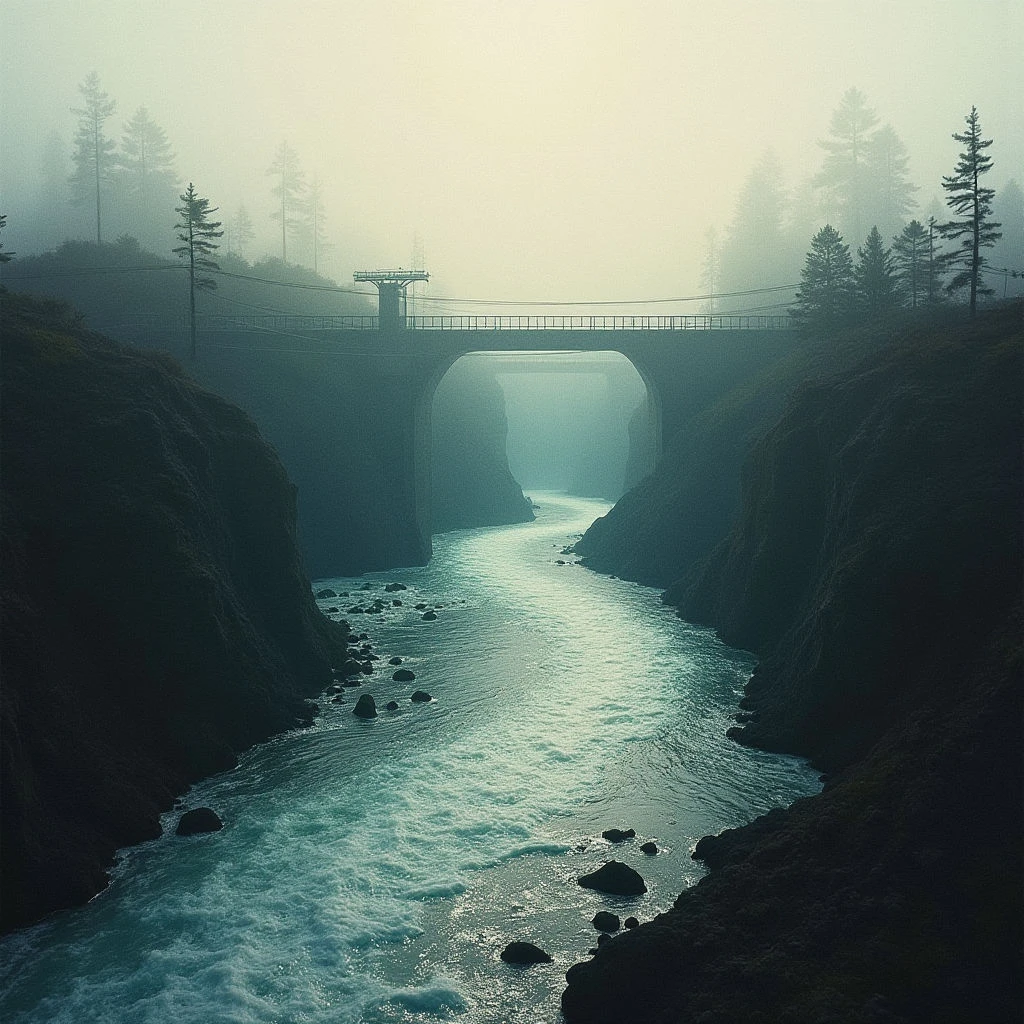 A stone bridge arches over a rushing, turquoise river flowing through a steep-sided gorge. Dense evergreen forests line the shadowy cliffs on either side, disappearing into a thick fog that fills the upper portion of the frame. The water reflects light and churns around large rocks in the riverbed, creating a sense of movement within the stillness.