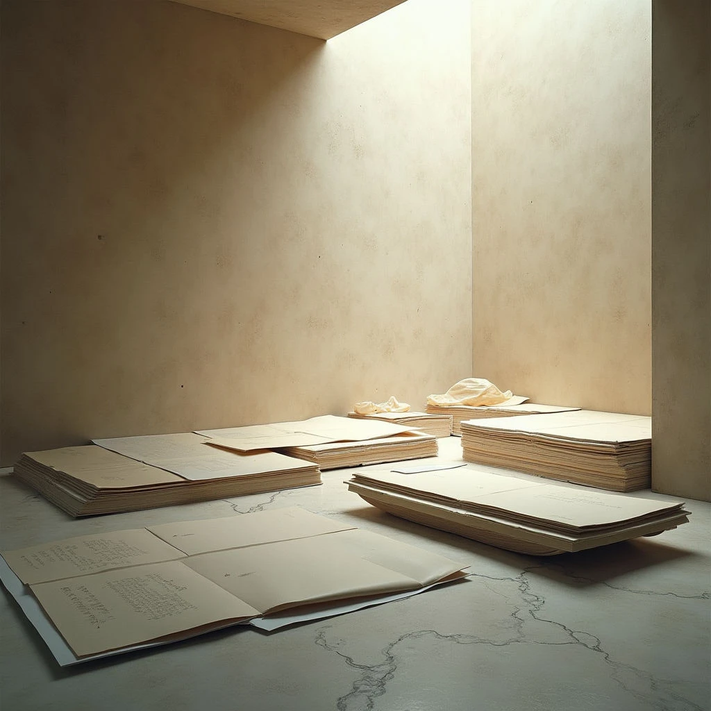 The scene is dominated by warm beige and cream tones across the walls, floor, and stacks of paper. The texture appears subtly rough on the walls and varied within the paper piles—some sheets are crisp, others wrinkled or folded—contrasting with the smooth surface of the floor which features delicate, branching cracks. Light enters from an overhead opening, creating a bright rectangular highlight and casting soft shadows that define the spatial arrangement of the paper stacks clustered in the corner of the room.