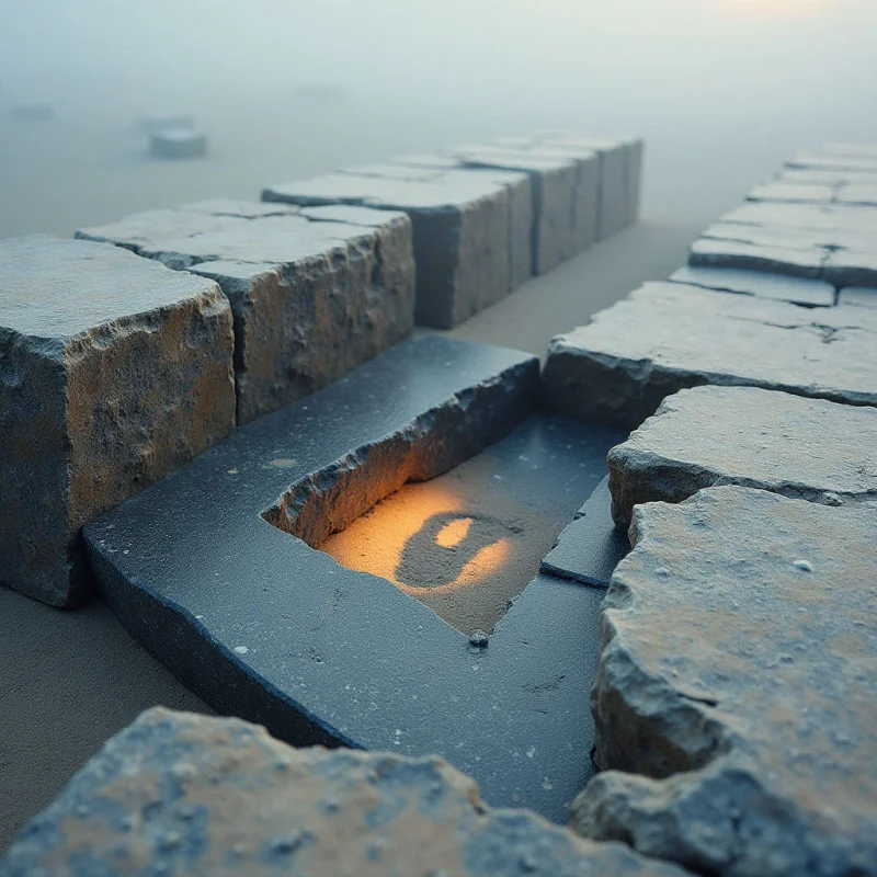 Rough-textured, grey stone blocks form a path through a sandy environment under soft, diffused light. A single rectangular gap in the stones reveals a glowing orange shape etched into the sand below. The composition uses a shallow depth of field to blur the distant, misty landscape, focusing attention on the contrast between the cool stone and the warm light in the foreground.