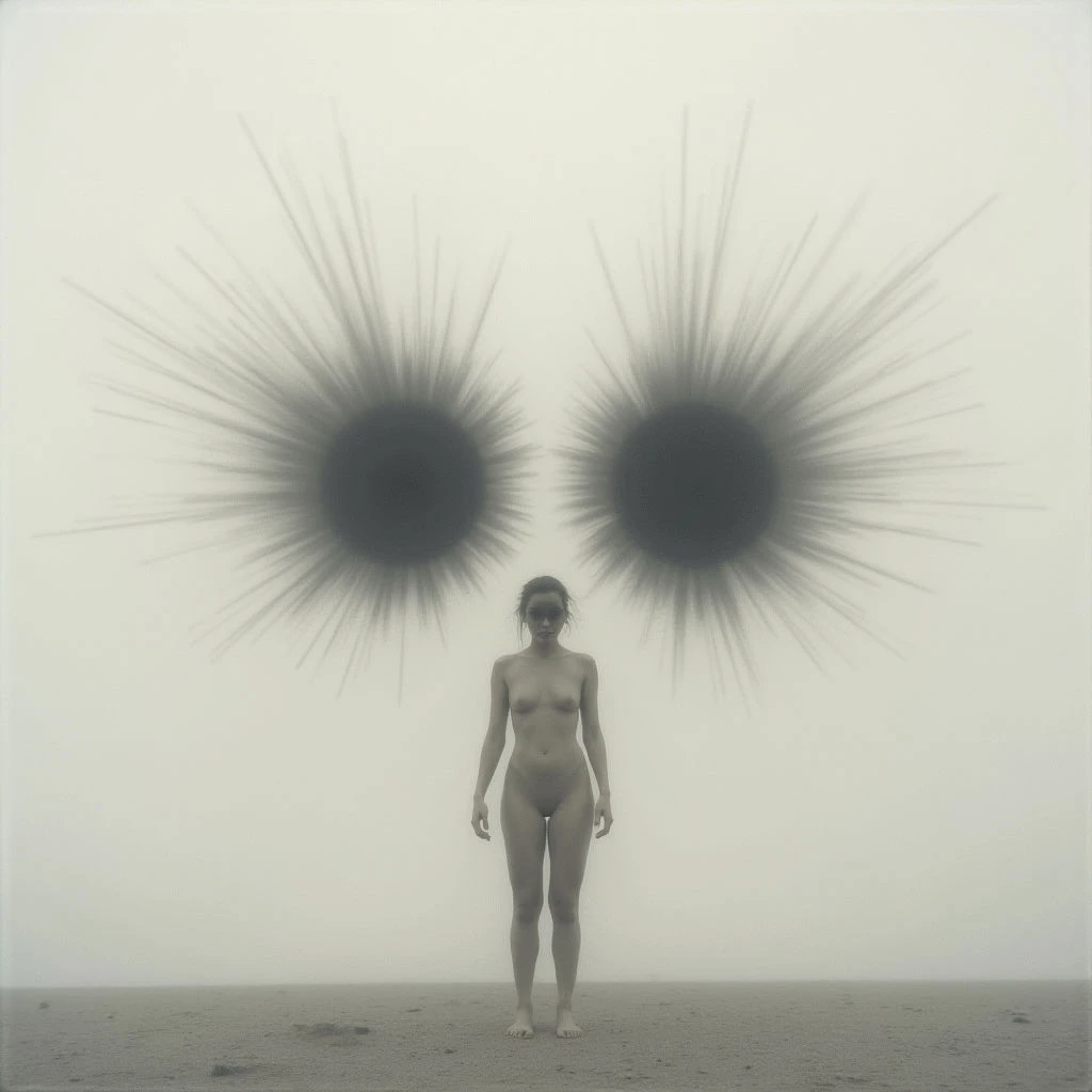 A nude figure stands facing forward in a desolate, foggy landscape. Looming above the person's head are two large, dark circular shapes resembling eyes with radiating lines extending outward. The entire scene is monochromatic and evokes a sense of isolation and unease.