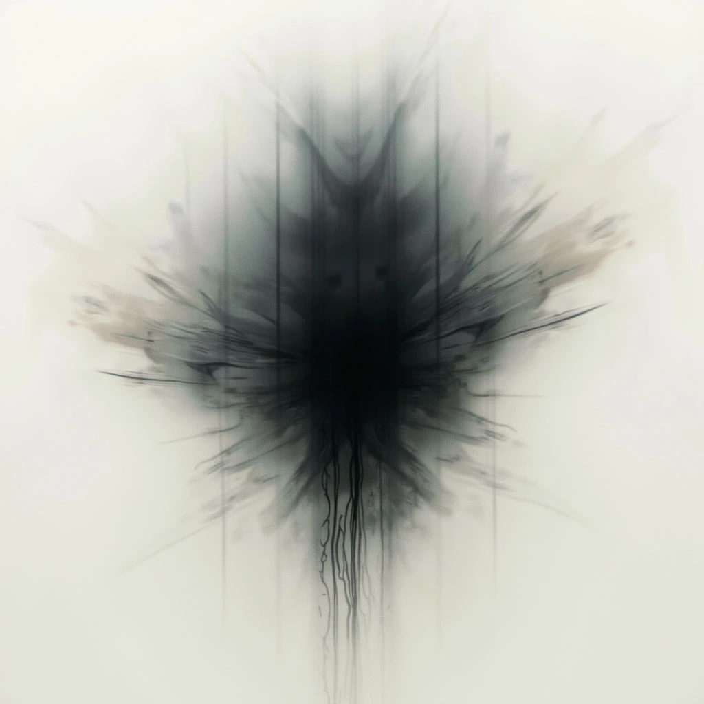 A dark, central void dominates the image, surrounded by a hazy burst of grey and black tendrils that radiate outwards. The shape resembles an explosion or blossoming flower, though formed from wisps and shadows rather than solid matter. It’s set against a stark white background, emphasizing the contrast between light and darkness.
