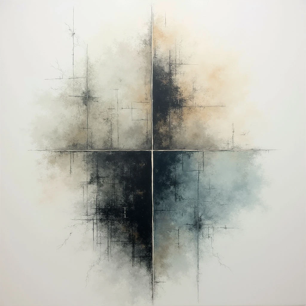 The image is divided into four quadrants, each with a hazy wash of color—tan, gray, black, and teal—that blends softly into the white background. Delicate, spidery lines crisscross within each section, creating a network-like pattern over the muted tones. The overall effect is abstract and atmospheric, suggesting fragmented memories or subtle shifts in emotion.