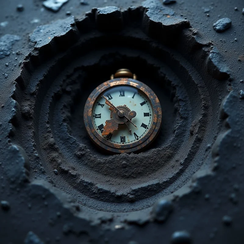 A circular, weathered pocket watch rests at the center of a dark, crater-like depression in grainy, charcoal-colored earth. The composition features concentric textures of fine sand and jagged rock fragments surrounding the metallic object. Soft light illuminates the pale face of the clock, contrasting with the deep shadows cast within the uneven terrain.