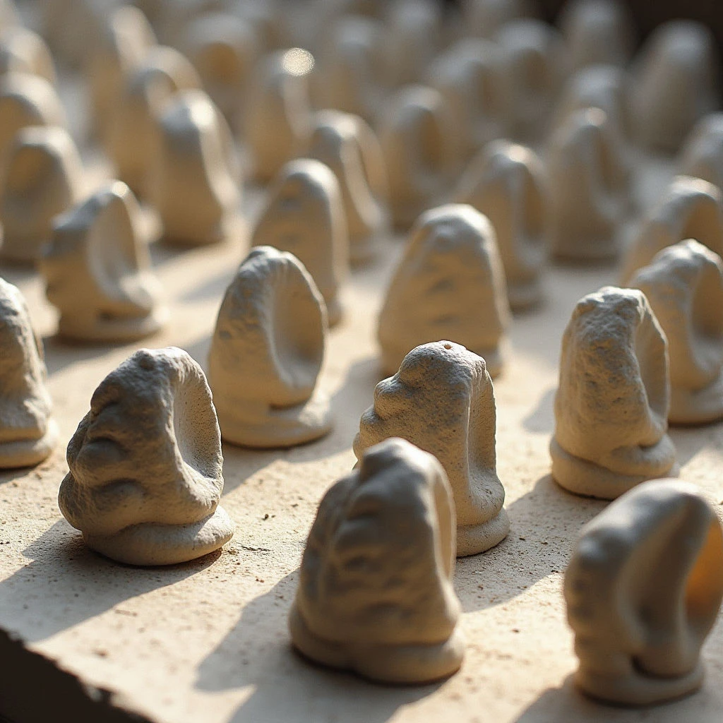 The image displays a grid of small, roughly sculpted forms in varying shades of pale beige and tan. The objects have an uneven, textured surface with rounded shapes suggesting human heads or figures, arranged closely together on a flat plane. Strong directional light casts shadows between the forms, creating depth and highlighting their individual contours while emphasizing the repeating pattern across the space.