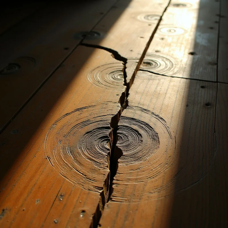 The image depicts a wooden floor comprised of planks in varying shades of warm brown, with noticeable wood grain and knots throughout. Concentric circular patterns are visible on the surface, darker than the surrounding wood, bisected by a prominent linear crack running vertically through the center. Strong directional light casts shadows across the planks, emphasizing texture and creating a sense of depth as it recedes into the background.