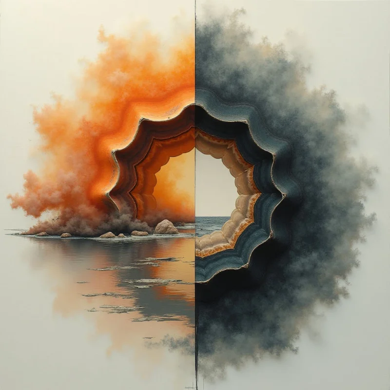 The image features a symmetrical composition divided vertically into warm and cool tones—fiery oranges and reds on one side, and muted grays and blues on the other. A large, arching form resembling layered rock or geological strata bisects the center, creating a window to a calm seascape with a visible horizon line. Textures appear soft and cloud-like within the colored masses, contrasting with the smoother reflections in the water below, while light sources seem diffused, creating subtle gradients across both halves of the image.