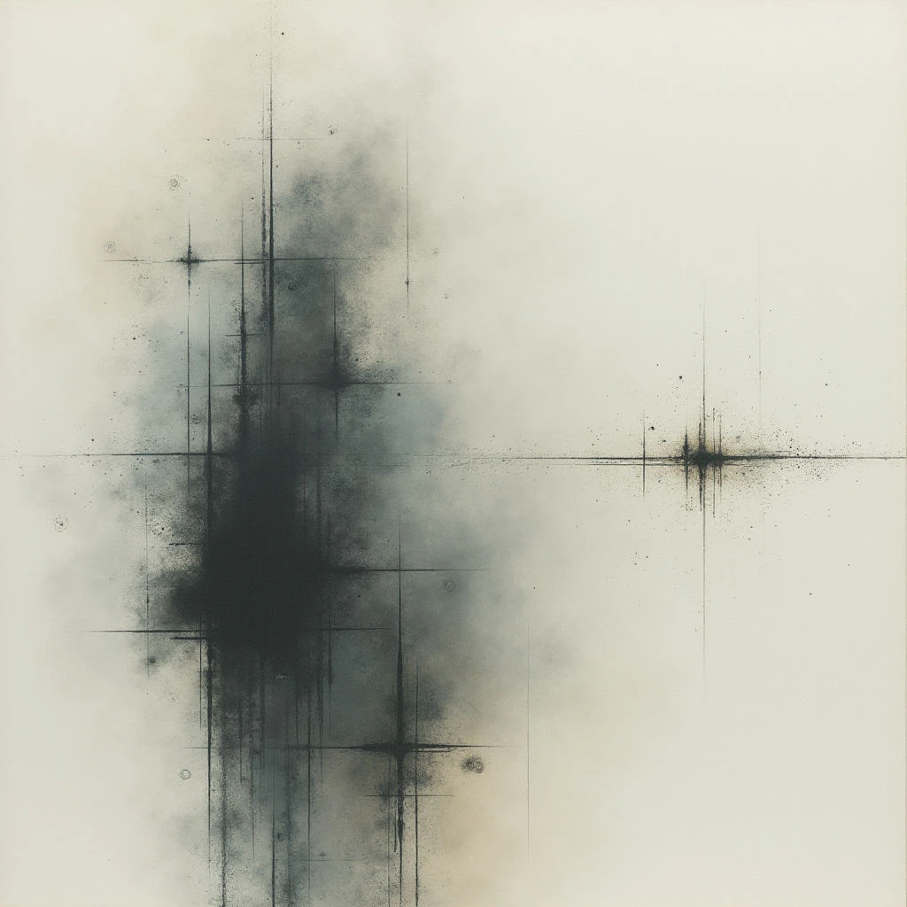 A dark, vertical smudge dominates the left side of a pale background, fading outwards with wispy edges. Thin, intersecting gray lines cross the composition, creating a grid-like structure around the darker form and scattered points of light. The overall effect is subtle and atmospheric, resembling a blurred or fragmented map.