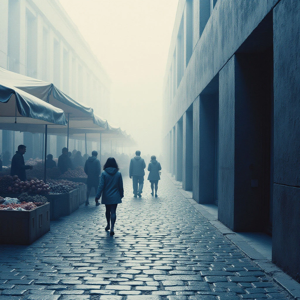 The image is dominated by cool tones of blue and gray, with a limited palette extending to muted oranges from produce displays on the left side. Rough textures are present in the cobblestone street and weathered building facades, contrasting with smoother surfaces like the awning fabric and figures’ clothing; geometric shapes define the architecture – rectangular pillars and stalls – while softer forms appear within the people and fog. Light is diffused and appears strongest at the vanishing point down the narrow passageway, creating a sense of depth and obscuring details further away, with spatial relationships emphasizing linear perspective and recession into mist.