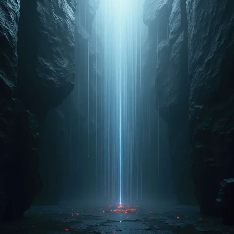 Vertical beams of bright blue light descend from a glowing opening between dark, craggy rock walls toward a textured floor scattered with small red embers. The composition features deep shadows and cool tones contrasted by the sharp, linear streaks of light and warm points of color at the base. These elements create a sense of depth within a narrow, cavernous space.