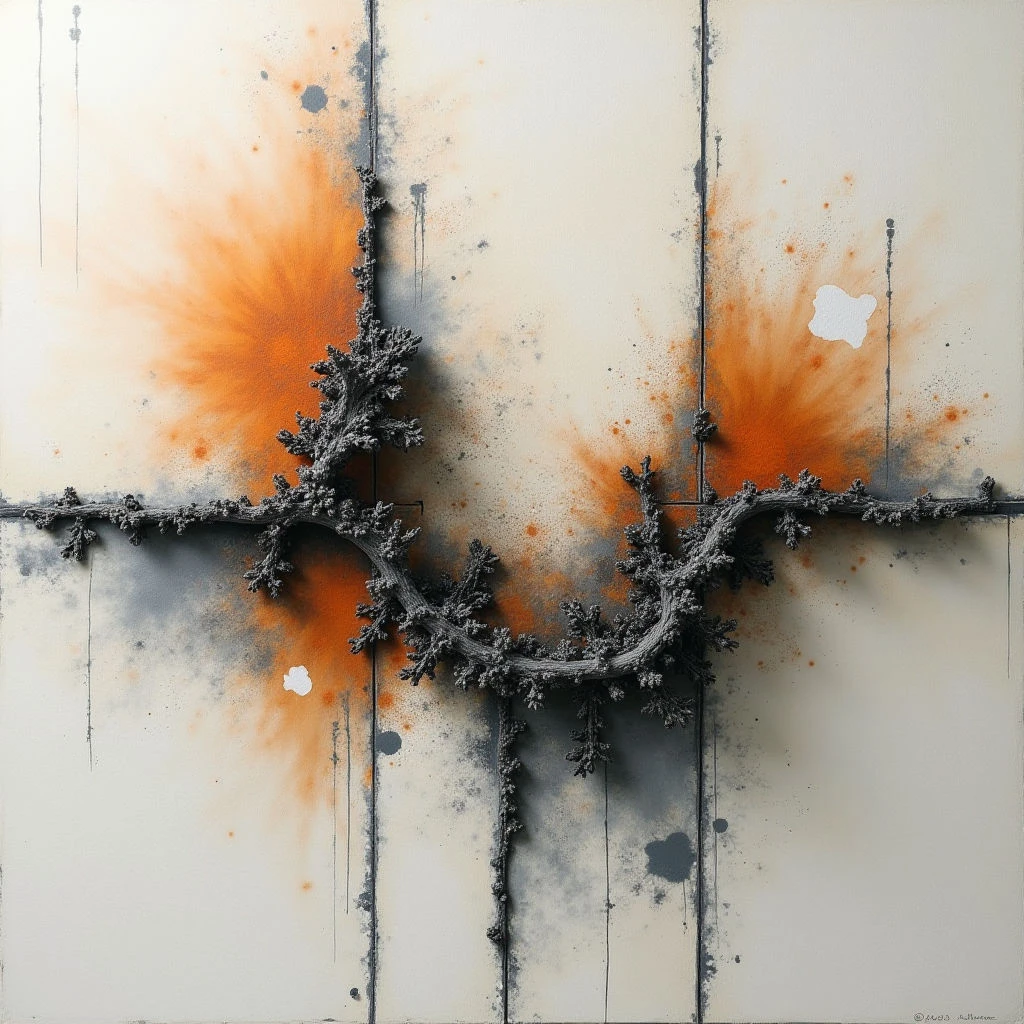 A dark, tangled branch extends across a pale wooden surface, appearing almost three-dimensional. Bursts of orange spray radiate outwards from behind the branch on either side, punctuated by smaller white and orange splatters throughout the composition. The wood itself has subtle vertical lines and grey markings adding texture to the background.