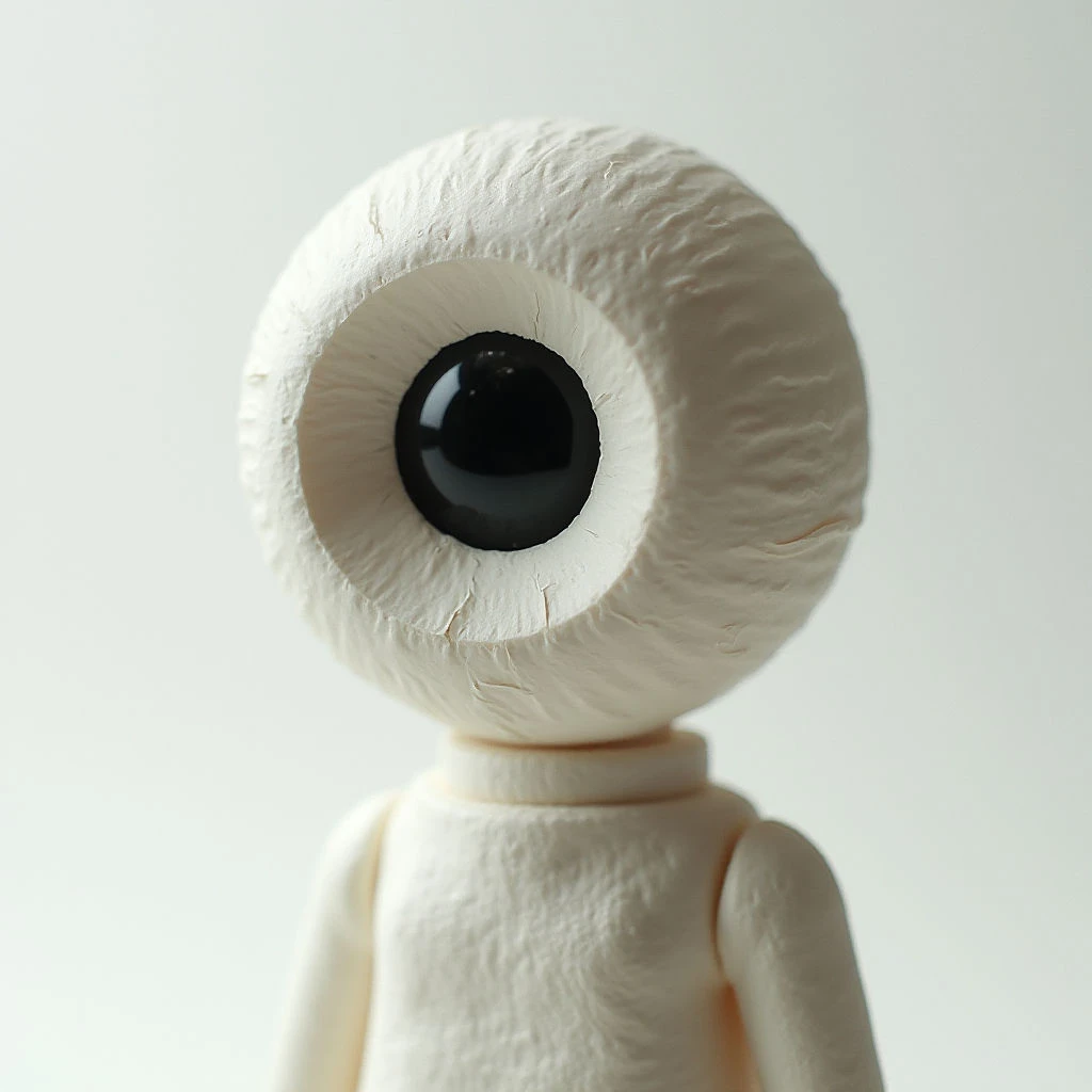 The image features a largely monochromatic palette of off-white and cream tones with a stark black focal point in the center. The surface texture appears slightly rough and uneven across the figure’s form, contrasting with the smooth gloss of the large, round eye. Spatial relationships are close-up and centered; the oversized eye dominates the frame while the body recedes partially out of view behind it, creating a shallow depth of field.