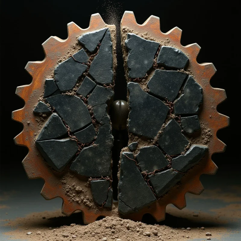 A large, serrated gear is split vertically down the center, revealing dark, jagged stone fragments held within a copper-toned metallic frame. The composition features rough, granular textures of crushed earth and cracked rock set against a smooth, dark background. Light illuminates the central fracture and the pile of fine dust at the base, creating depth between the textured foreground elements and the shadowed void behind them.