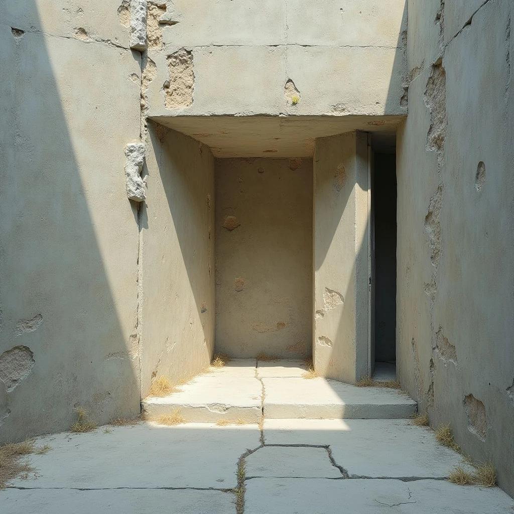 A narrow opening cuts through thick, weathered stone walls with numerous pockmarks and rough edges. Sunlight streams into the alcove created by the doorway, illuminating a simple paved floor and revealing another darker room beyond. The entire scene feels ancient and austere, hinting at a long history of use and exposure.