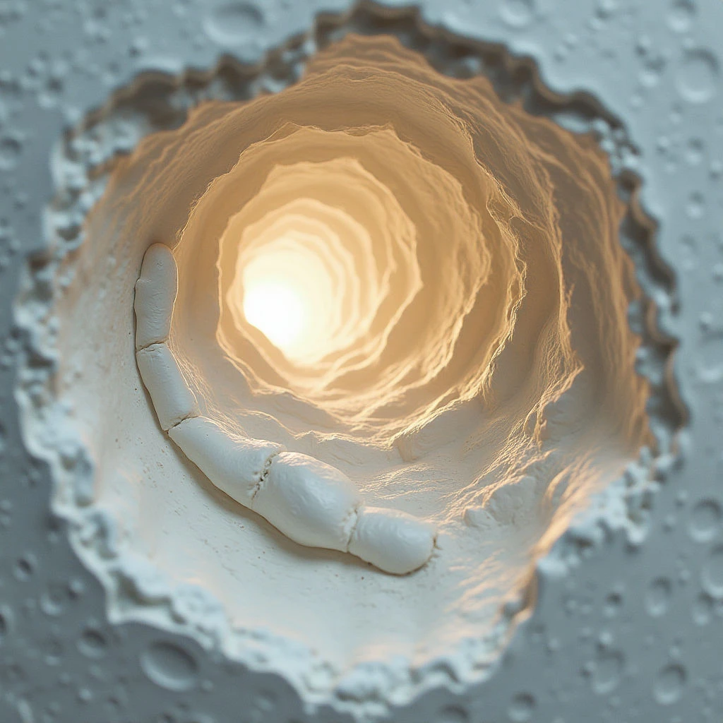 The image features a spiraling tunnel receding into a bright, central light source with warm golden tones transitioning to cooler greys at the edges. The interior surface of the tunnel appears rough and textured, contrasting with the smoother, slightly irregular exterior surrounding it. A curved form rests along one side of the spiral, partially obscuring the view towards the center and suggesting depth within the enclosed space.