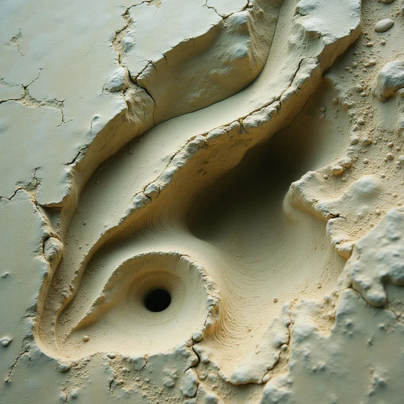 A monochromatic palette of pale beige and sandy cream defines this composition of undulating, organic forms. Deeply recessed shadows create high contrast against the textured, cracked surfaces that transition from smooth curves to granular, pitted areas. The spatial arrangement features flowing, wave-like ridges that carve out hollowed cavities and a singular dark circular void.