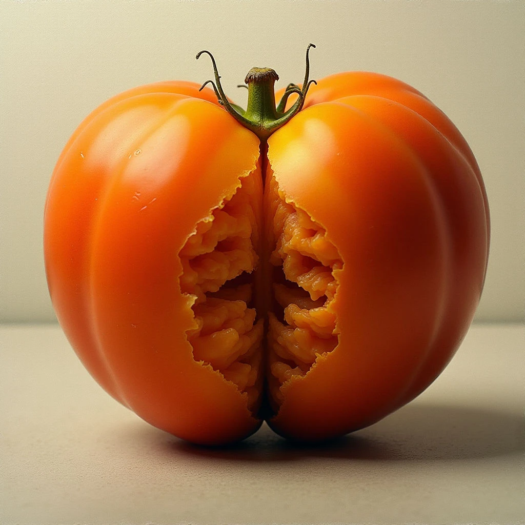 The image features a large, round tomato bisected to reveal its interior. The exterior exhibits a smooth, glossy texture in shades of bright orange-red, contrasting with the rougher, seeded flesh within which is a deeper yellow-orange hue. Soft lighting casts subtle shadows and highlights on both halves of the tomato, emphasizing its form against a neutral beige background; it sits directly on this surface, creating a close proximity between object and plane.