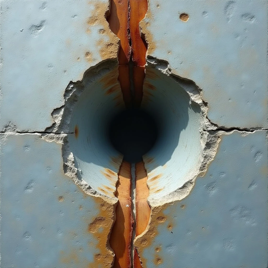 The image features a pale blue surface with a large circular opening revealing a dark interior space. Rough, jagged edges surround the hole, contrasting with the smoother, though speckled, painted panels of the exterior, and rusty orange lines bisect the opening vertically. Bright sunlight illuminates the upper portion of the blue surface, creating shadows within the hole and highlighting textural variations in the chipped paint and exposed material.