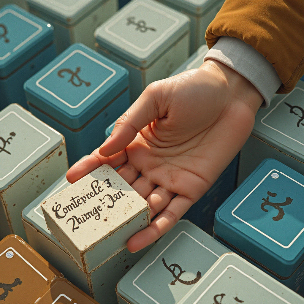 The image features a collection of small, square teal boxes arranged closely together with a hand holding a rectangular off-white tag above them. Each box has a lighter teal central square containing dark script or symbols, and the overall texture appears slightly worn or aged with visible edges and imperfections. Soft light illuminates the scene, creating gentle shadows and highlighting the contrast between the boxes, tag, and skin tone of the hand.