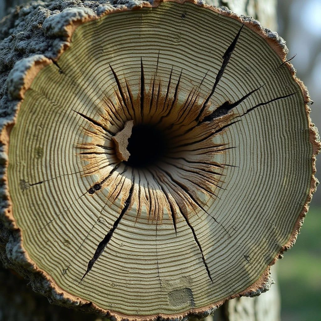 The image depicts a cross-section of a tree trunk with concentric rings varying in shades of pale yellow and beige. A dark void occupies the center, radiating thin, fractured lines outwards towards the bark’s edge which is rough and gray in texture. Light appears to come from above and slightly to the right, creating subtle shadows that emphasize the wood grain and radial cracks within the core.