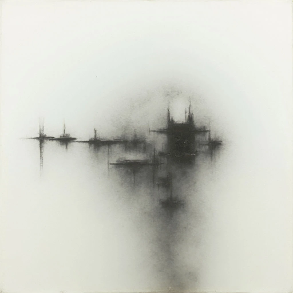 A ghostly cityscape emerges from a dense, swirling fog, barely discernible as buildings and boats. Dark shapes are reflected in the water below, creating an unsettling symmetry that adds to the ethereal quality of the scene. The overall impression is one of mystery and quiet isolation within a blurred, indistinct environment.