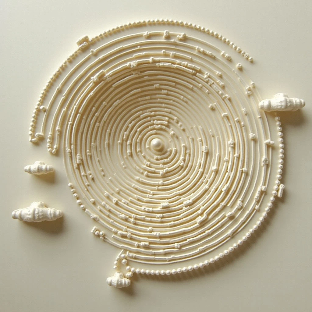 The image features a circular arrangement of pale beige, textured material against a similarly toned background. Concentric rings spiral inward towards a central sphere, with smaller, cloud-like formations distributed around the outer edge. Soft lighting casts subtle shadows, indicating a three-dimensional quality and highlighting the raised surface of the elements.