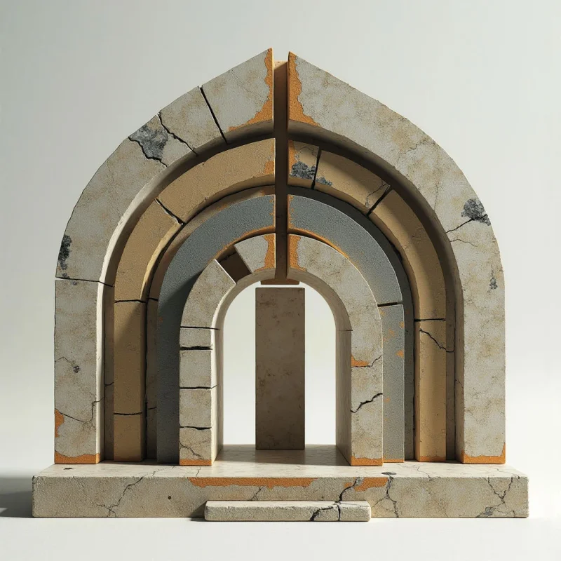 A series of concentric stone arches in shades of beige, tan, and grey decrease in size toward a central rectangular opening. The structure features a weathered, matte texture with visible cracks and dark spots set against a neutral, light-grey background. Soft, diffused lighting creates subtle shadows within the recessed layers, emphasizing the depth and spatial layering of the geometric forms.
