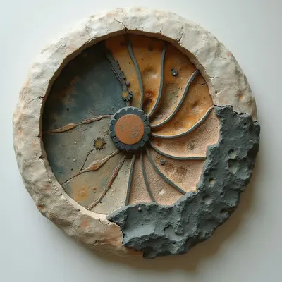 A circular relief features a palette of earthy ochre, muted slate gray, and off-white with rough, stone-like textures throughout. Curved, rib-like shapes radiate from a central raised disc toward the outer edges, creating a sense of rhythmic movement within the frame. The composition is divided by irregular organic boundaries between light and dark zones, set against a flat, neutral background.