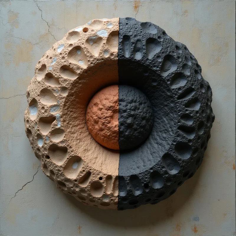 A circular, cratered relief is divided vertically into halves of pale beige and charcoal black, with a central sphere split between terracotta and dark grey. The surfaces feature heavy, pitted textures and deep indentations that create high-contrast shadows across the sculptural forms. These elements are set against a flat, light-colored background marked by subtle cracks and weathered streaks.