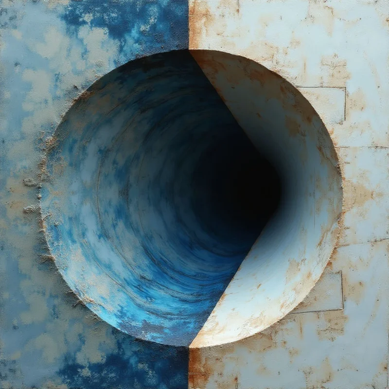 A circular opening divides a square frame into two distinct halves, one side featuring mottled blue and white tones and the other displaying pale beige with rust-colored streaks. The interior of the circle recedes into a dark, shadowed void, creating a sense of depth through concentric textures that swirl toward the center. Light appears to hit the right side of the structure, emphasizing its weathered, grainy surface against the deep shadows within the tunnel.