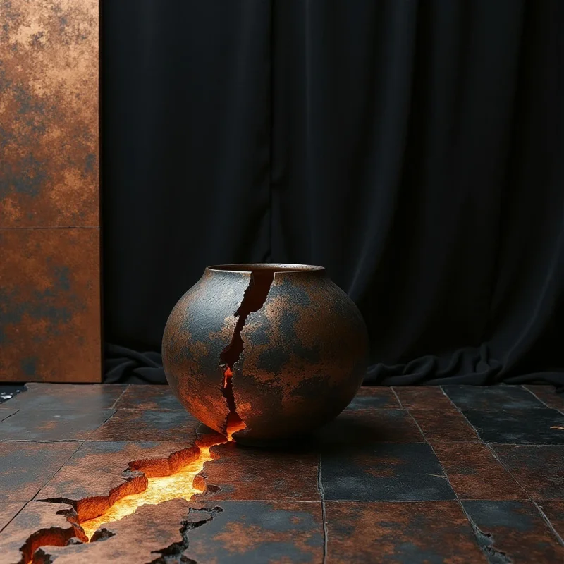 A dark, spherical vessel with a textured, metallic copper and black finish sits on a tiled floor of similar tones. A jagged fissure splits both the vessel and the ground, emitting a warm, glowing orange light from within the cracks. The composition is set against a backdrop of deep black fabric drapes and a solid, weathered vertical panel.