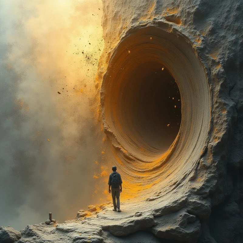 The image is dominated by warm tones of ochre and gold, contrasted with cool grays in the background haze. A large circular opening pierces a rough, textured rock formation, leading into a dark tunnel that appears to recede into the distance; a small figure stands on a rocky ledge before it. Spatial relationships emphasize the immense scale of the geological feature compared to the human presence, and light emanates from within the tunnel, partially illuminating dust motes in the air.