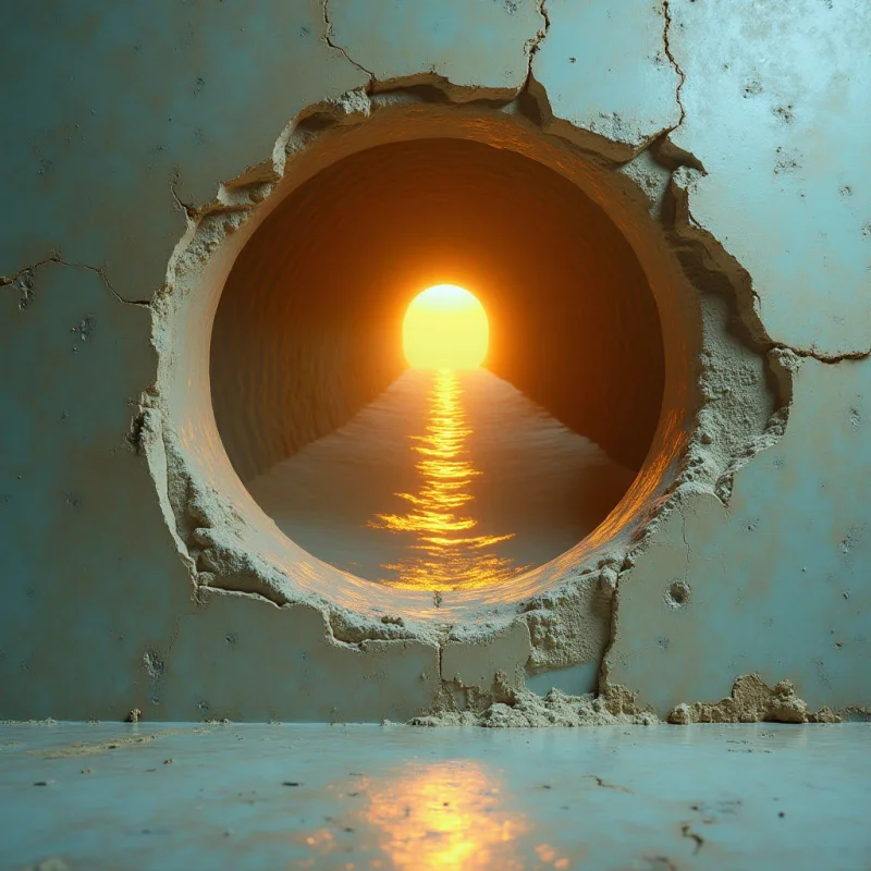 A circular opening in a rough, cracked concrete wall reveals a tunnel leading toward a bright yellow sun setting over calm water. The composition features a contrast between the cool, textured gray of the foreground masonry and the warm, glowing orange light reflecting off the liquid surface within the tunnel. A central perspective creates a sense of depth, pulling the eye through the dark interior towards the luminous horizon.