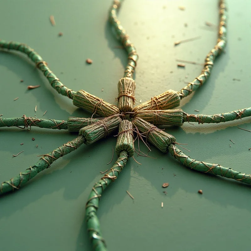 A central cluster of bundled, straw-like cylinders radiates outward into long, winding green appendages wrapped in thin copper wire. The composition features a monochromatic green palette accented by the warm metallic tones of the wire and the pale tan of the bundles. Soft light illuminates the scene from above, casting gentle shadows across the smooth, matte surface where small, dark fragments are scattered.