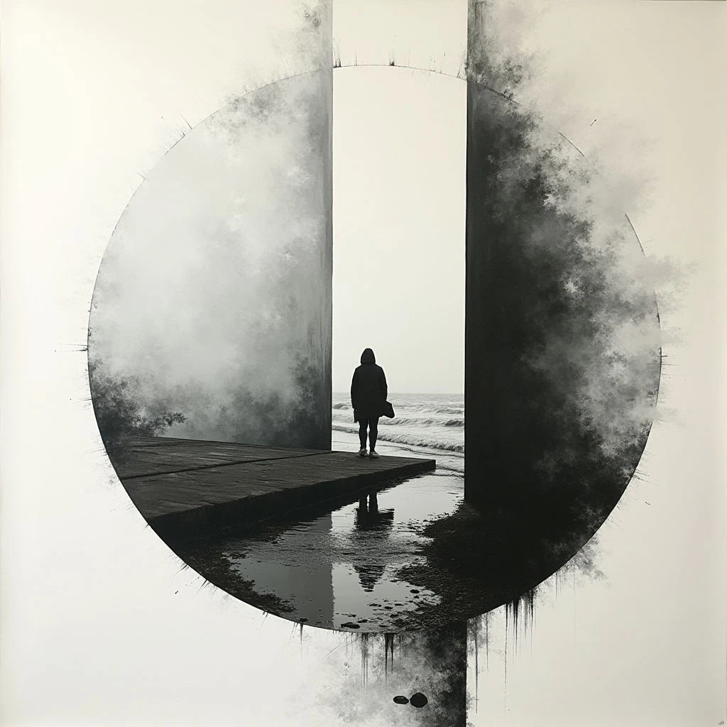 A lone figure stands on a wet wooden platform, facing a vast, hazy ocean. They are framed by two tall, dark structures and contained within a large circular shape that appears to be dissolving into smoke-like textures. The scene is monochromatic, emphasizing the solitude of the person and the expansive, muted landscape.