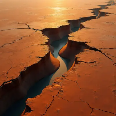 The image is dominated by warm tones of orange and brown, with a central winding form of cool blue water contrasting against the arid landscape. The textured surface appears cracked and fractured across expansive flat planes, interrupted by deep, irregular canyons carved into the earth. Light sources create highlights along the canyon edges and reflect off the water’s surface, suggesting a low sun angle and defining spatial depth within the scene.