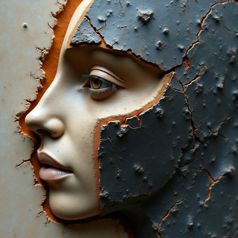 A profile of a face emerges from a textured, beige background through jagged, irregular cracks filled with an orange hue. The composition features smooth, pale skin contrasting against dark, slate-gray surfaces that possess a rough, stone-like texture. Light falls across the facial features to create soft shadows, while the spatial arrangement emphasizes the layered, fractured depth between the different planes.