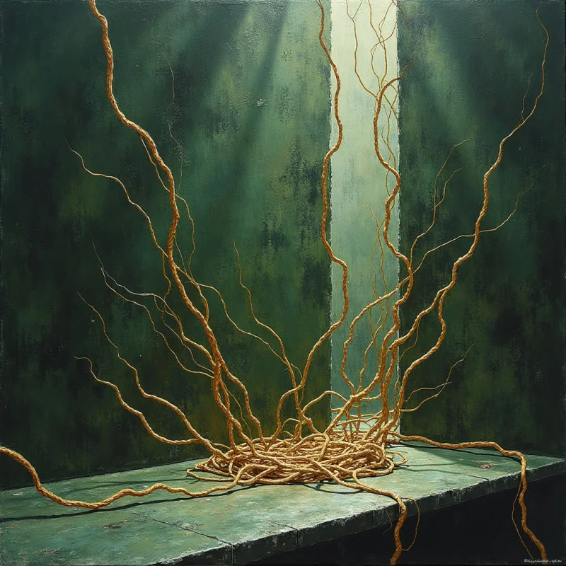 Thin, golden-brown undulating lines emerge from a tangled nest on a flat surface, spreading upward against dark green textured walls. A bright vertical beam of light descends from the top center, illuminating the central strands and casting soft shadows across the mottled background. The composition creates depth through the contrast between the intricate, organic shapes of the fibers and the solid, angular planes of the corner.