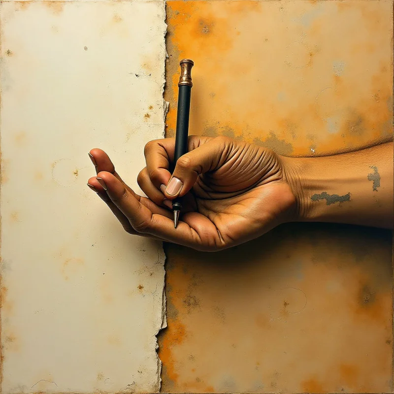 A dark-skinned hand holds a black and gold pen against a background split vertically between a textured cream surface and an ochre, mottled expanse. The composition features smooth skin tones contrasting with the weathered, granular textures of the dual-toned backdrop. Light originates from the upper left, casting soft shadows that define the contours of the fingers and the grip on the pen.
