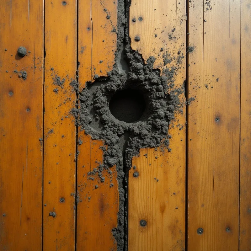Vertical wooden planks in warm amber and honey tones serve as a backdrop for a large, irregular hole and a jagged fissure filled with dark, granular gray matter. The coarse, gritty texture of the debris contrasts with the smooth, linear grain of the wood. Light falls evenly across the surface, casting soft shadows within the recessed central cavity and along the edges of the textured cracks.