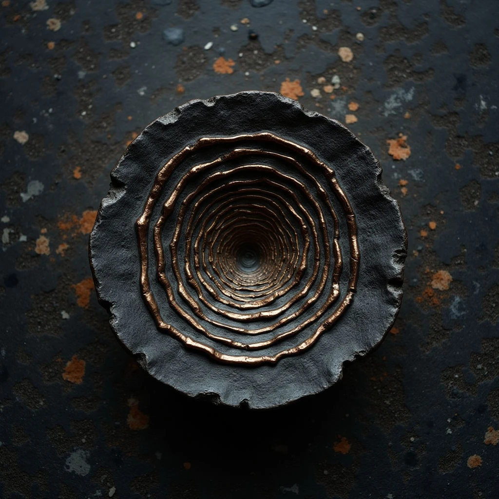 The image features a dark, roughly circular object with concentric rings of textured material within it, transitioning from a wider, jagged outer edge to a narrow central opening. The color palette is dominated by shades of gray and brown, with copper-toned ripples forming the inner rings against a speckled dark background. Light appears to be focused on the center of the object, creating shadows that emphasize its depth and layered structure, while the surrounding surface has a matte texture.