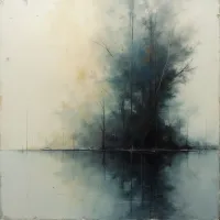 A dark cluster of bare trees stands at the edge of a still, reflective body of water. A hazy, golden light washes across the left side of the image, contrasting with the somber tones of the trees and their mirrored reflection. The overall impression is one of quiet solitude and muted color.
