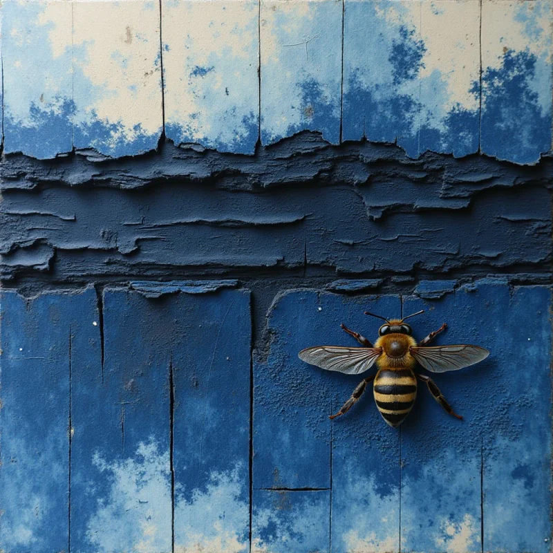 A large bee with yellow and black stripes rests on a blue wooden surface characterized by rough, layered horizontal ridges and vertical grain. The composition features patches of off-white texture against the deep blue background, creating a weathered appearance. Light is distributed evenly across the scene, highlighting the fine details of the insect's wings and the uneven textures of the wood.